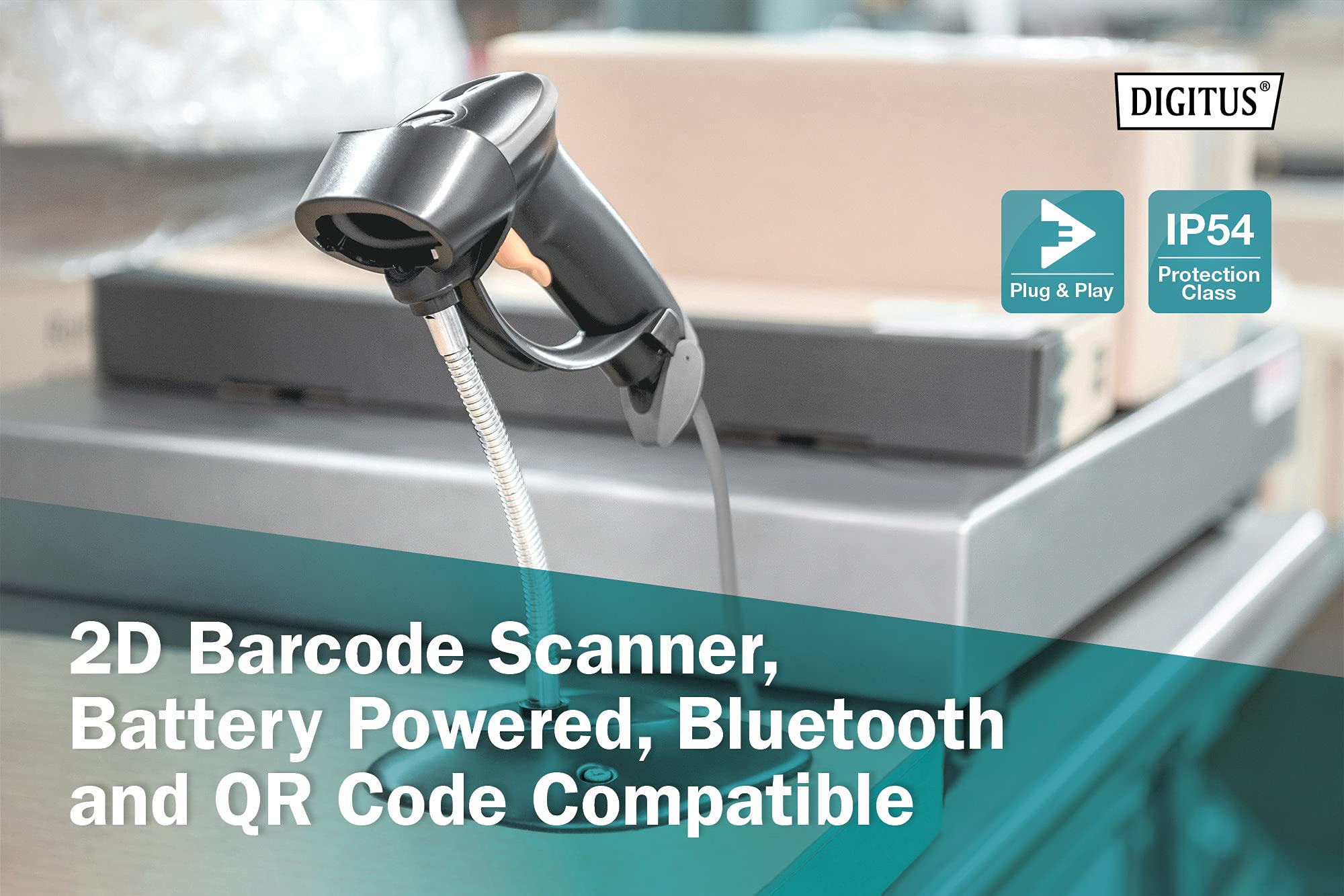 DIGITUS Scanner di codici a barre 2D con Bluetooth - IP54 - Batteria da 2000 mAh - Portata: 12 m - Tempo di funzionamento: 18h - Larghezza di scansione: 10 cm - Per codici a barre e QR - Nero/Grigio