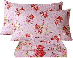 Bedlifes Twin Sheet Set Ultra Soft, Breathable, Silky Flower Deep Pocket 100% Microfiber Bedding, 3 Piece Twin Size Pink Floral(Red Rose)