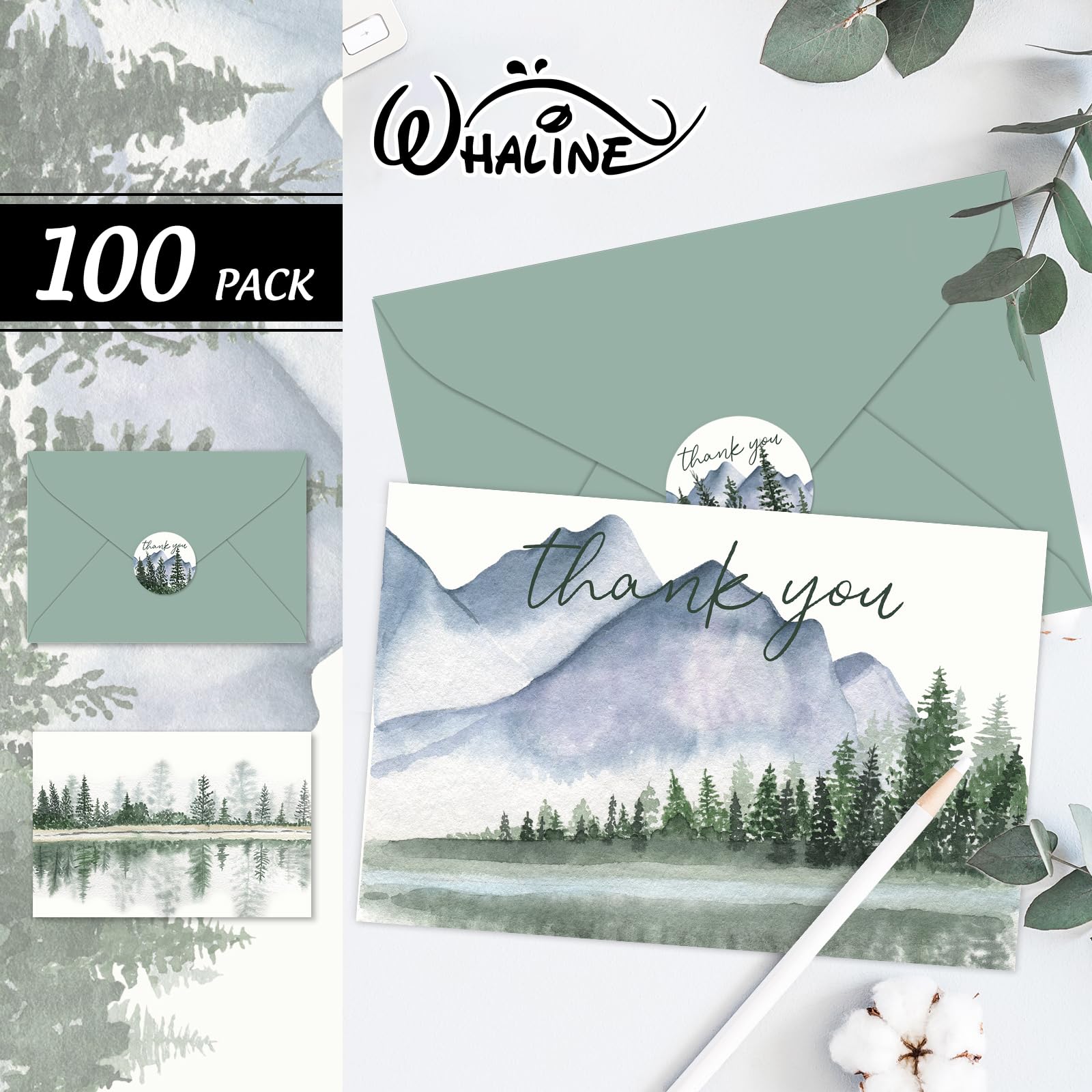 Whaline Lot de 100 cartes de remerciement à l'aquarelle avec enveloppes et autocollants, 10 motifs vierges pour invitations de fête, 10 x 15 cm
