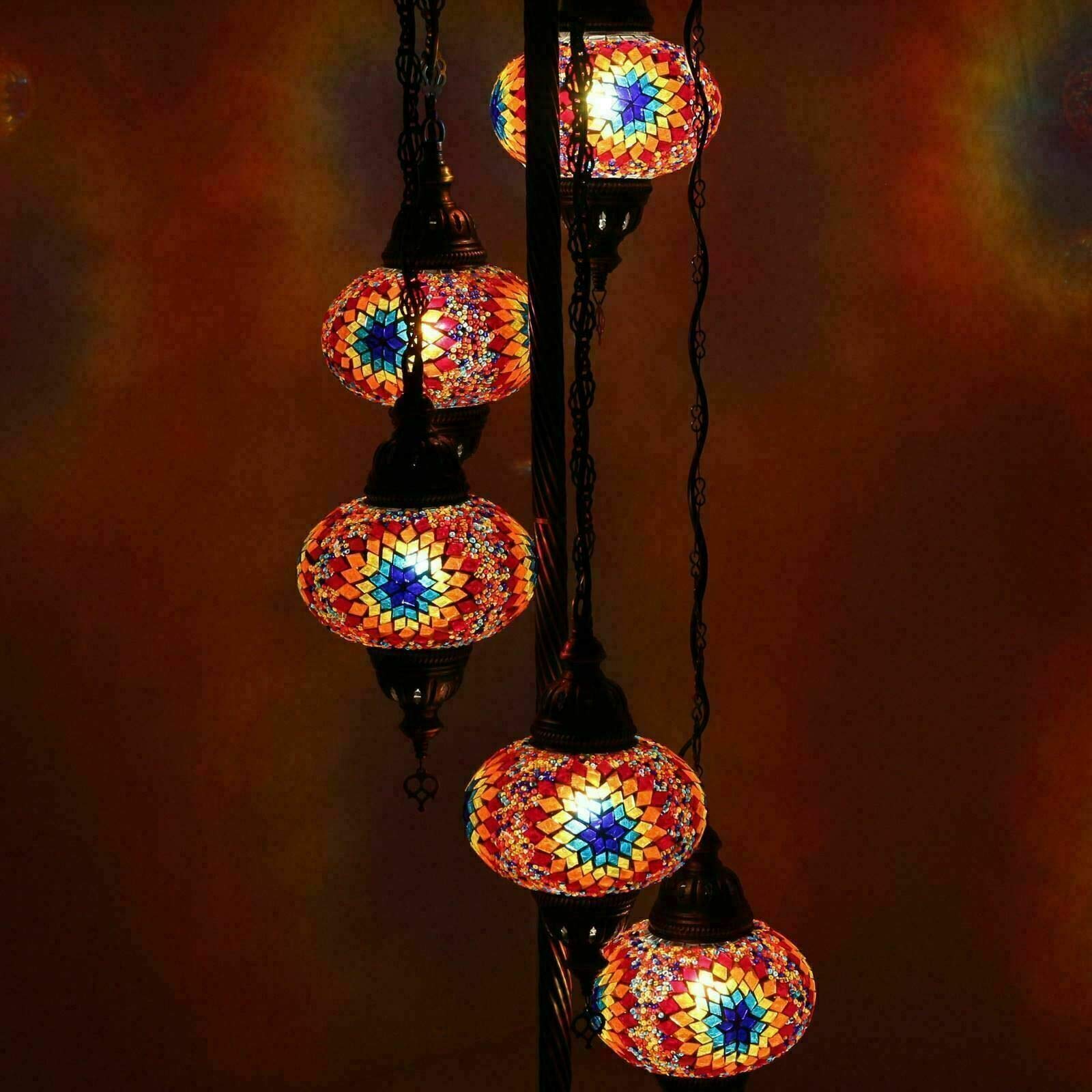Turkish Moroccan Mosaic Floor Lamp Light, Handmade Glass Mosaic Multicolour Tiffany Floor Lamp Light 5 Large Globe-with LED Bulb