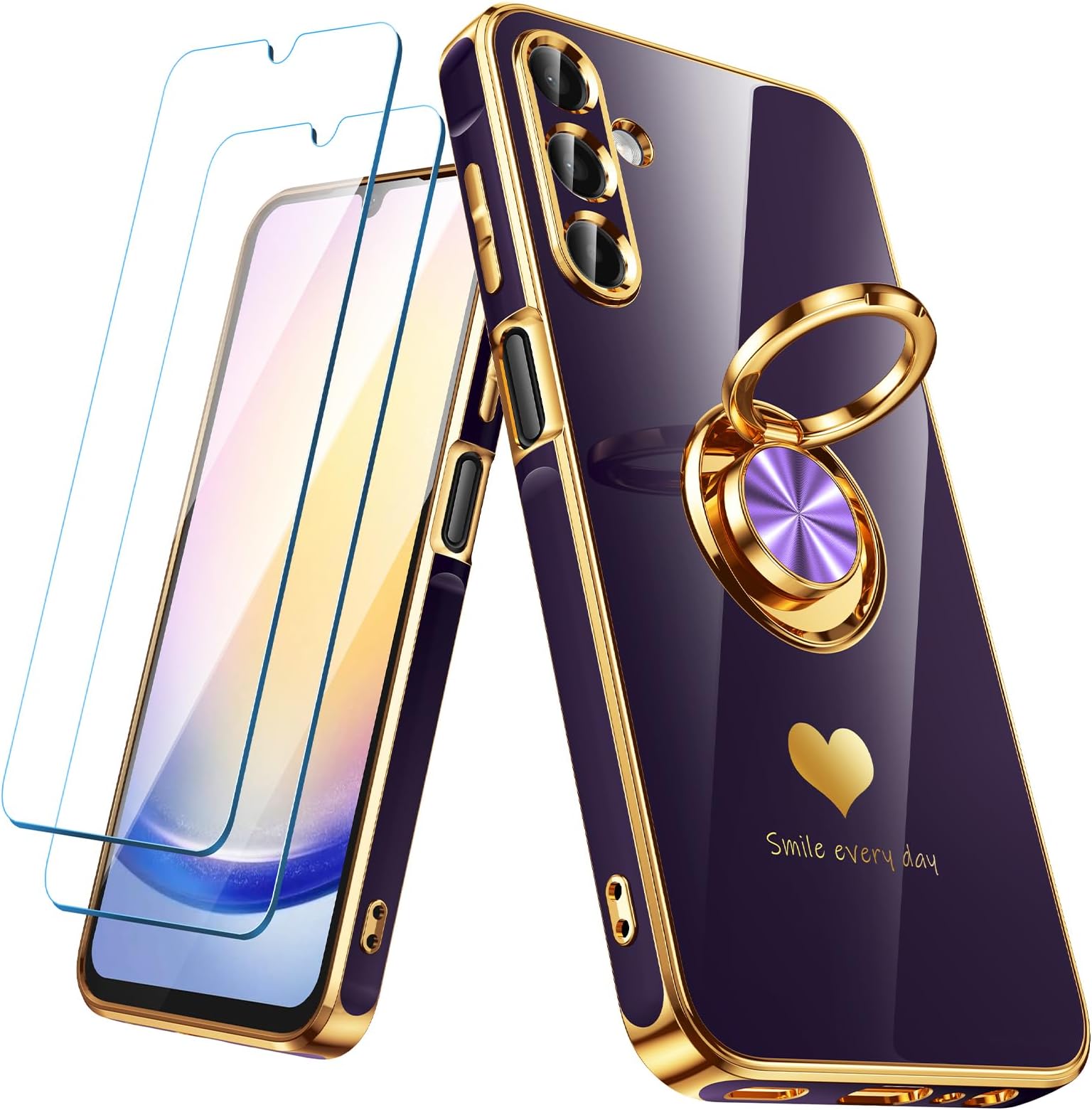 for Samsung Galaxy A25 5G Case with 2 Pack Screen Protector, 360° Rotatable Ring Holder [Luxury Hearts Pattern] Plating Gold Edge Slim Soft Phone Cover Case for Galaxy A25 - Purple