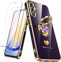 for Samsung Galaxy A25 5G Case with 2 Pack Screen Protector, 360° Rotatable Ring Holder [Luxury Hearts Pattern] Plating Gold Edge Slim Soft Phone Cover Case for Galaxy A25 - Purple