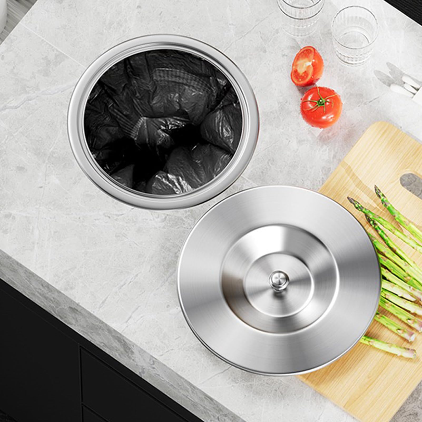 GAROEN Built in Stainless Steel Trash Can for Kitchen Cabinets Countertop Waste Bin with Lid Embedded Trash Chute for Home & Restaurant Sink Cleani (size_name 240 * 390mm)