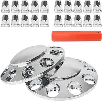 2 Chrome Front Hub Axle Cover Center Caps with 33mm Lug Nut Covers Replacement for Semi Truck 20 in, 22.5 in and 24.5 in Wheels