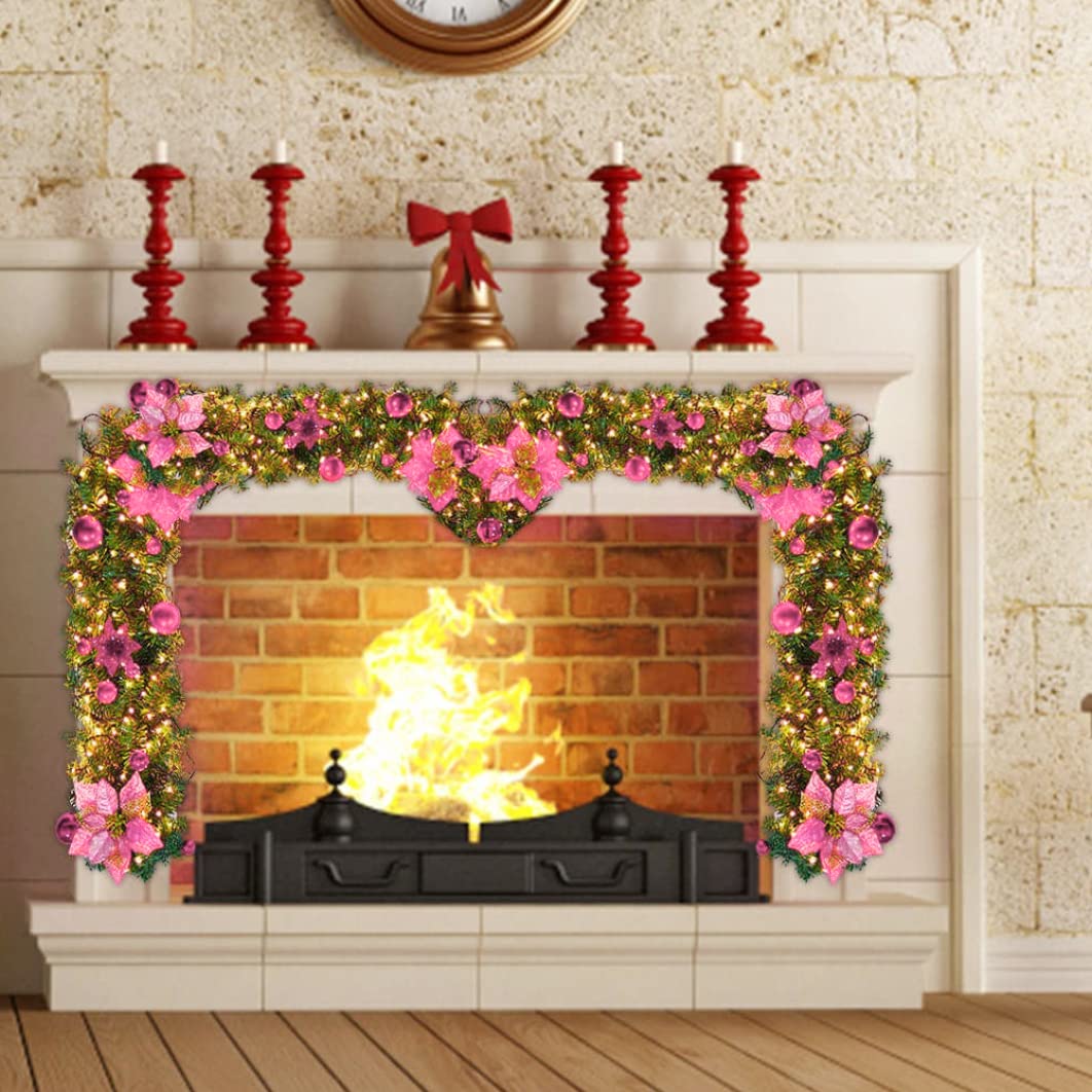 Decoraciones de guirnaldas de Navidad LED Ronda de Navidad pre iluminada with Lights Flower Garland Wreath para chimeneas de escaleras Decoración de Interior y Exterior