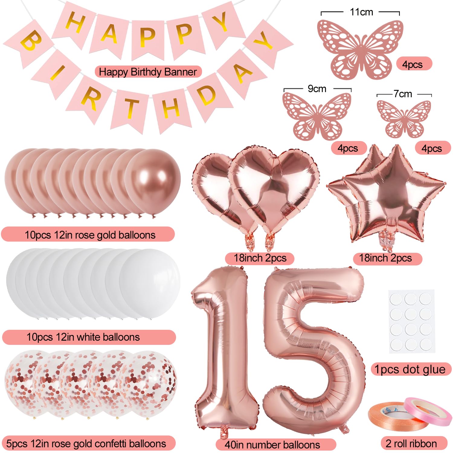 Rose Gold 15th Birthday Decorations for Girl, 15 Year Old Sign with Happy Birthday Banner, 40In Number 15 Foil Birthday Balloons, Butterfly Decorations, Heart and Star Balloons