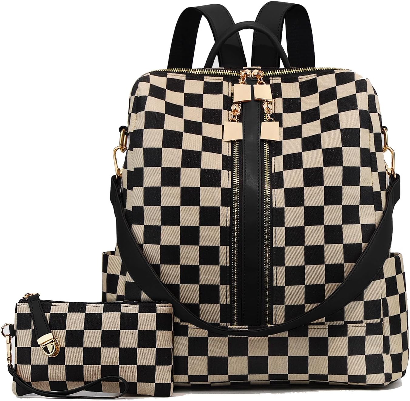 Checkered Backpack Purse for Women Plaid Back Pack Purses Leather Backpack Bags Handbags for Travel Work (Black)