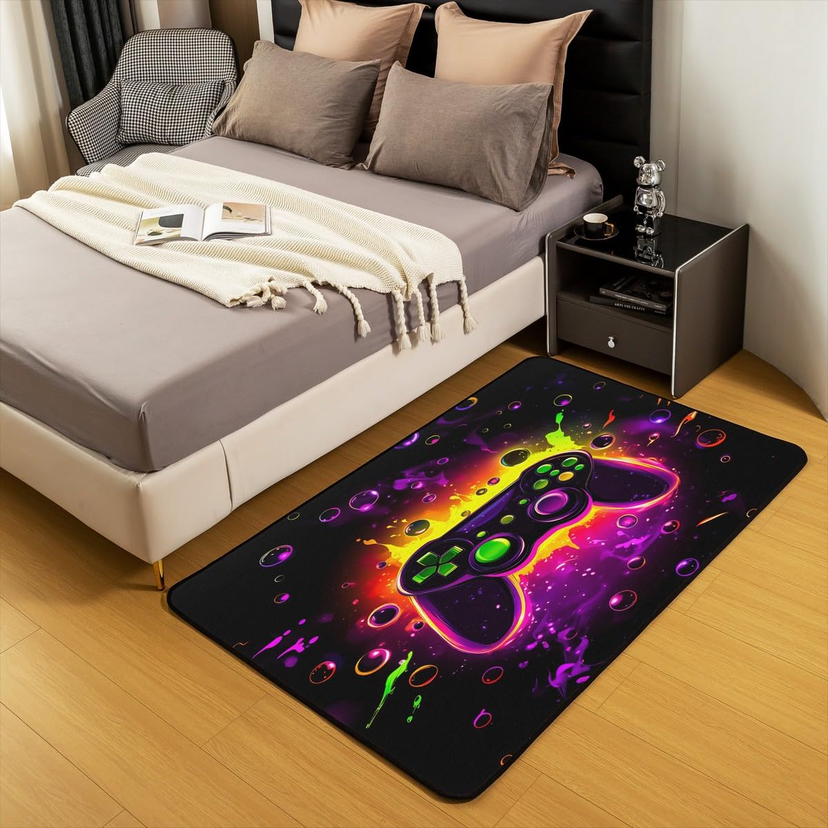Loussiesd Dywan do salonu dla graczy, 150 x 200 cm, gamingowy dywan akcentujący dla chłopców, dziewcząt, nastolatków, nowoczesny kontroler konsoli do gier, mata podłogowa, joystick, czarno-fioletowa,