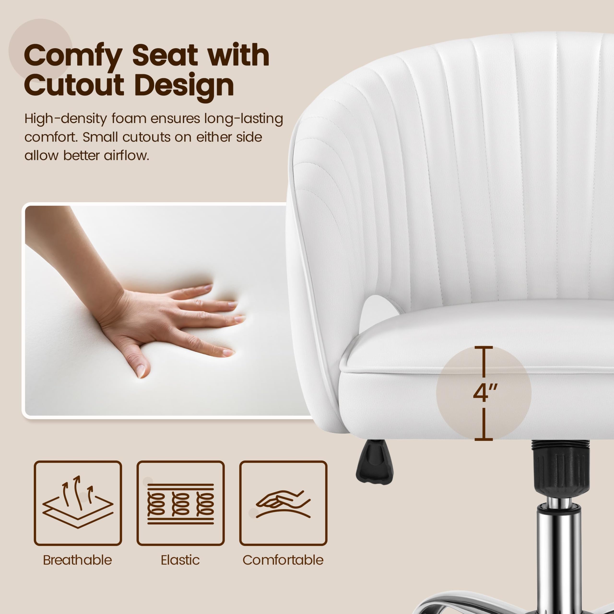 Yaheetech Home Office Chair, Velvet Desk Chair, Upholstered Modern Swivel Chair with Tufted Barrel Back, Rolling Wheels for Office,Study, Vanity,Bedroom White