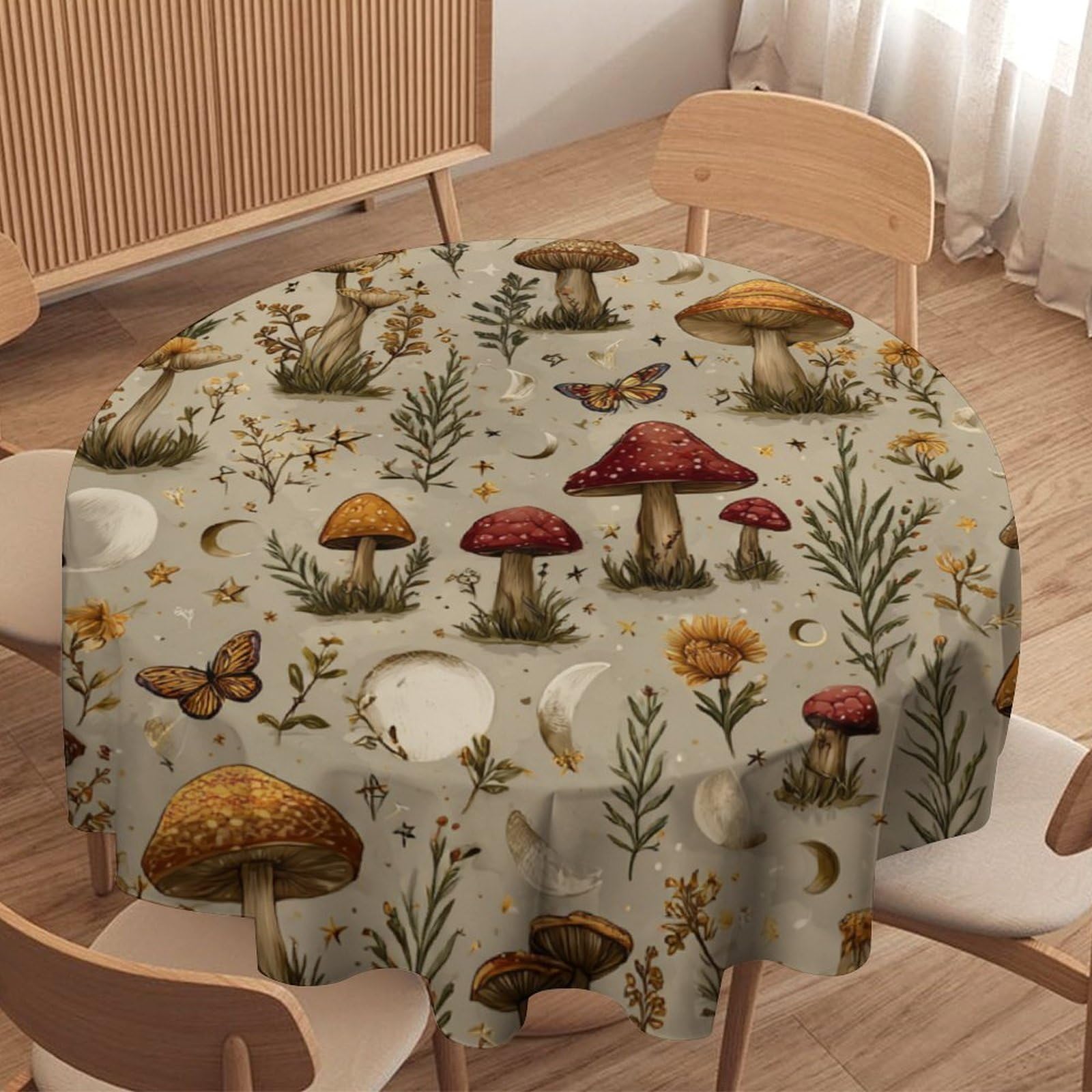 LUYYSKY Vintage Watercolor Boho Mushroom Round Tablecloth Rustic Modern Plant Floral Animal Butterfly Pattern Washable Decor for Table Cover for Kitchen-177.8" Wx177.8 L cm