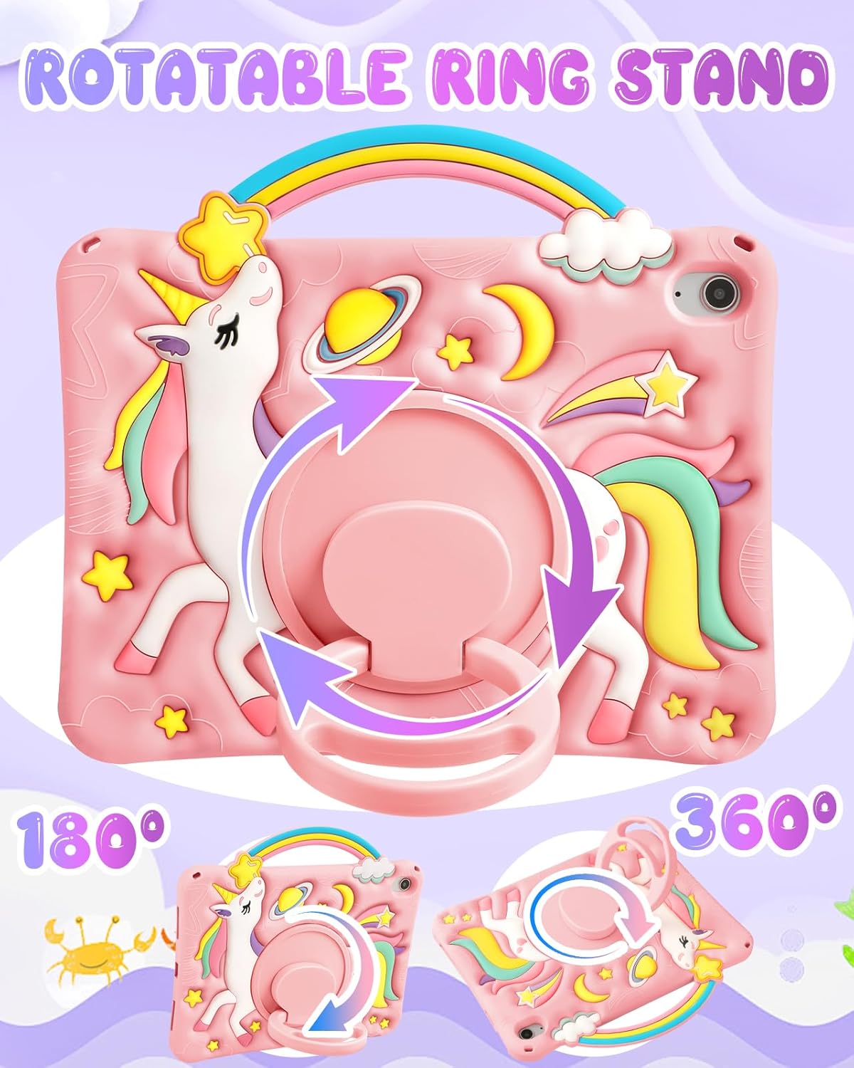 Boaretiu for iPad A16 Case/10th Generation Case - Girls Teens Cute Cartoon Rainbow Unicorn 10.9 Inch 2022 Tablet Cover with Strap & Rotating Stand Soft 3D Silicone Funda for iPad 11th 11 Inch 2025