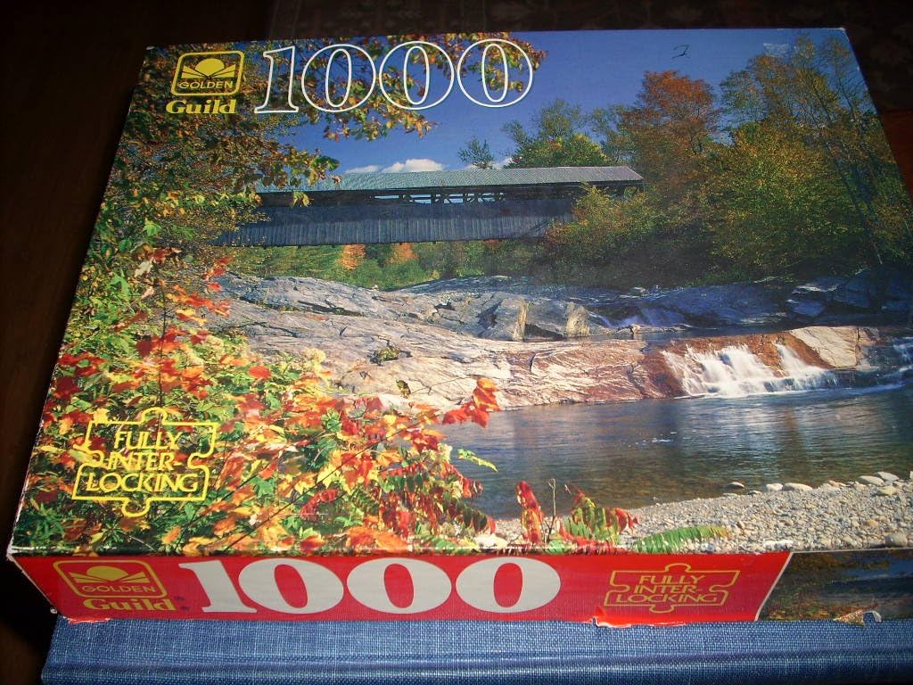 Vintage SWIFTWATER, NH Covered Bridge Puzzle. 1000 Piece Golden Guild #4710-56. Photo credit F. Sieb & H. Armstrong Roberts