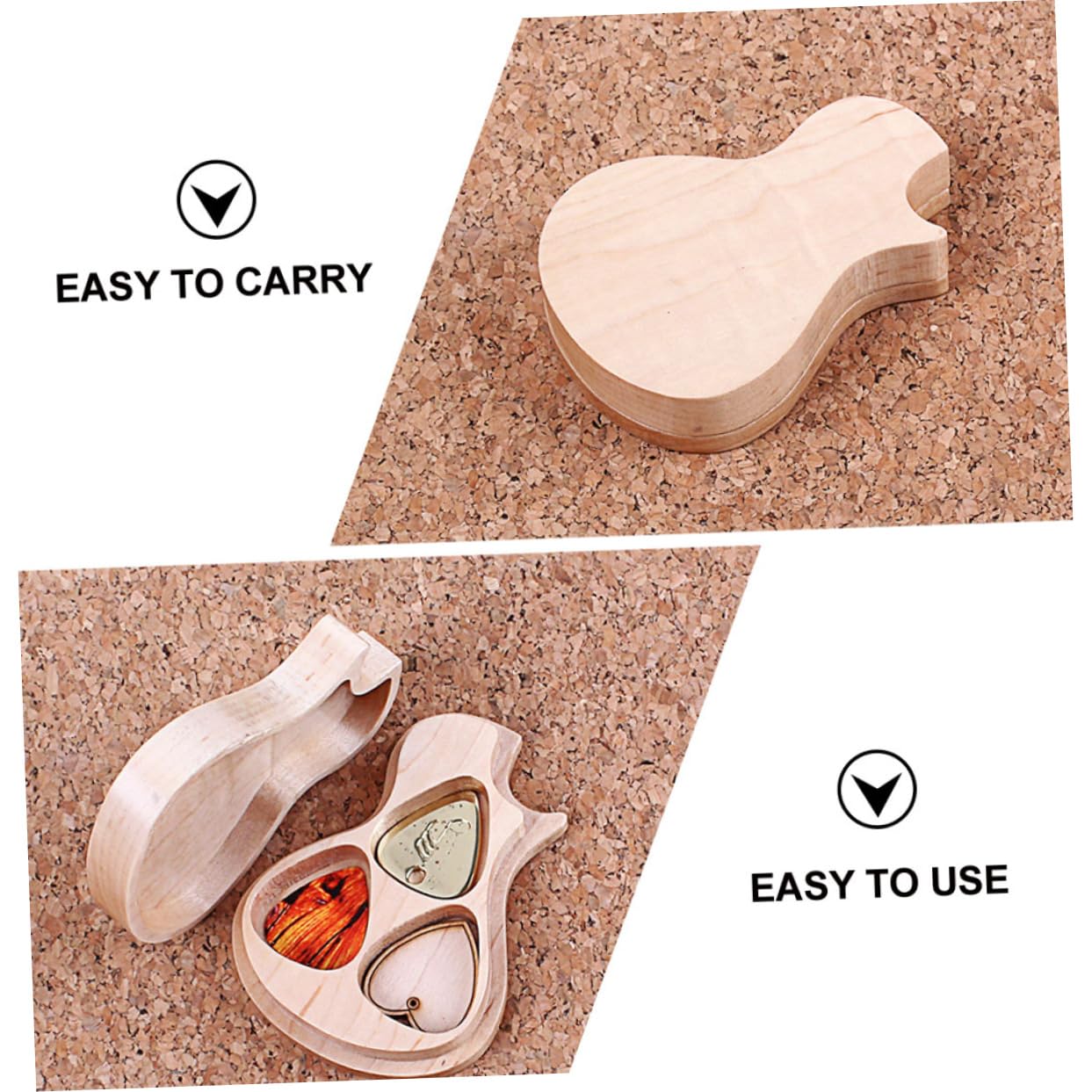 Plektrumbox aus Ahornholz in Gitarrenform mit 3 Plektren L813 | Khaki, 1 Satz, Praktische Aufbewahrung für Gitarrenzubehör, Schöner Look für Musikliebhaber