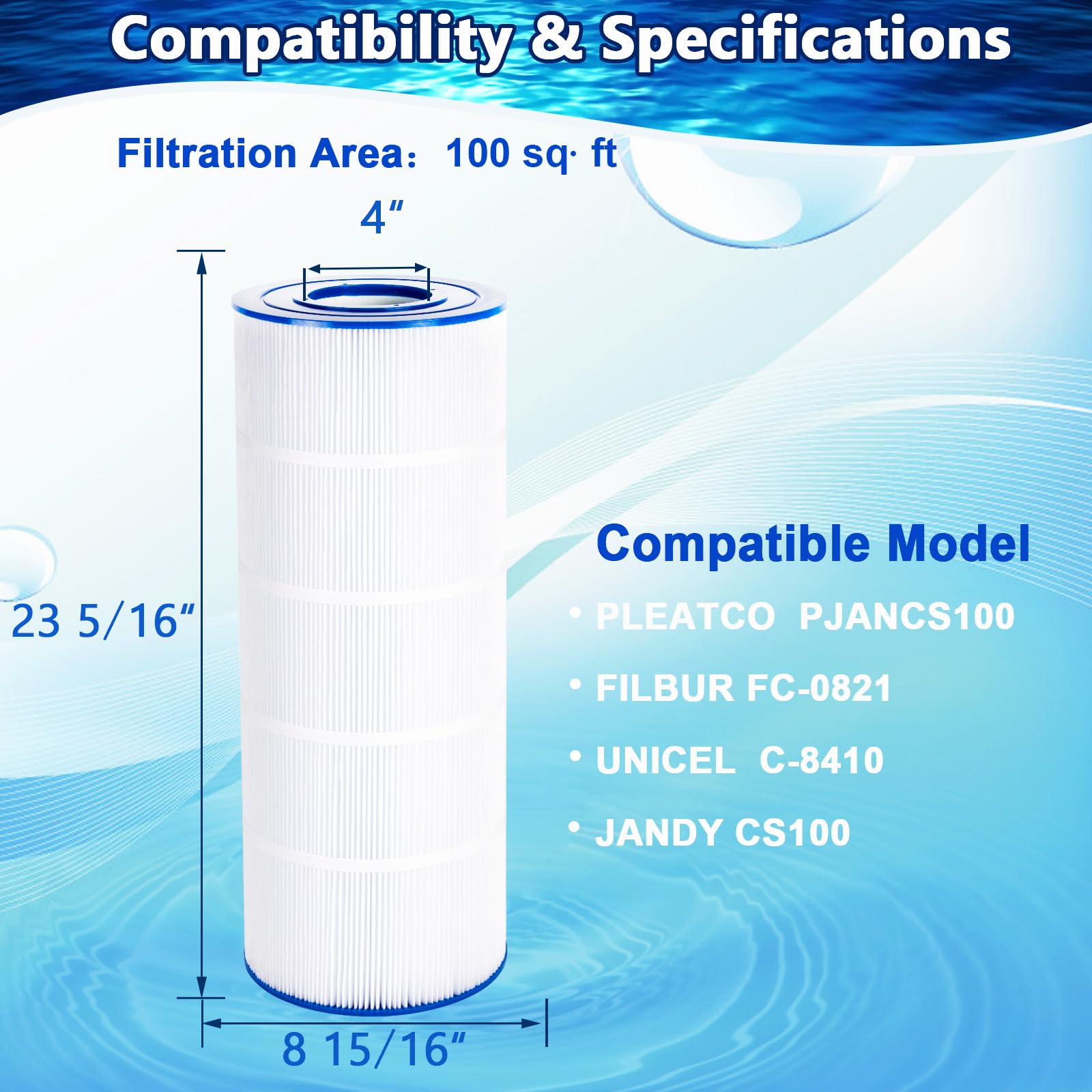 Poolimpid CS100 Pool Filter Compatible with Jandy CS100, R0462200, PJANCS100, Unicel C-8410, Filbur FC-0821, 100 Sq.ft Filter Cartridge1 Pack