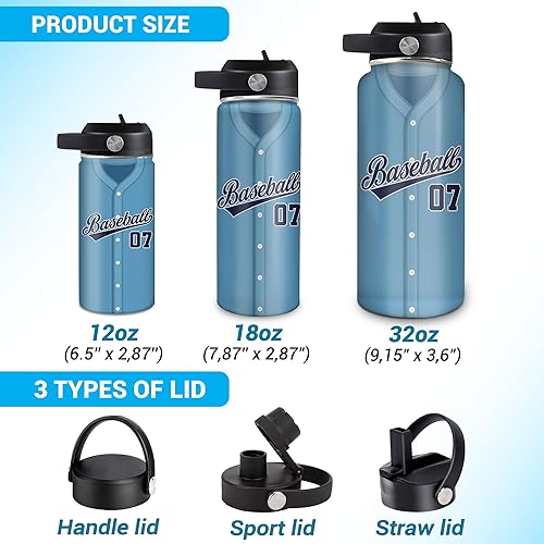 Vista 81 de Hyturtle Botella de agua de béisbol personalizada, botella de acero inoxidable aislada de viaje con tapa a prueba de fugas, 18 onzas, 32 onzas