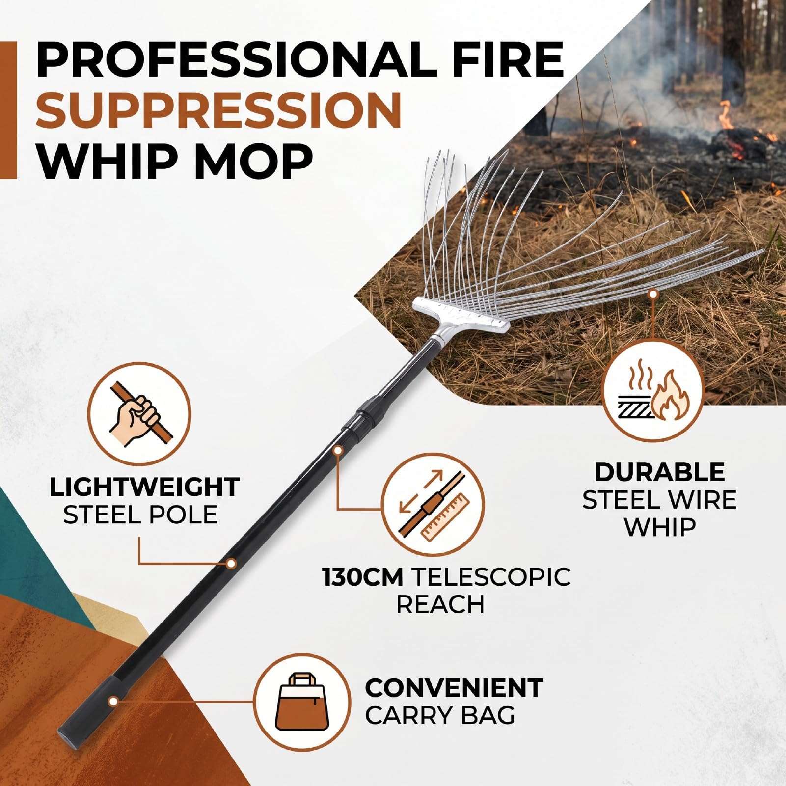 Luocute Fregona para Extintor, Poste Telescópico de 130 Cm | Acero inoxidable, con bolsa de almacenamiento, para extinción de incendios de pastizales forestales