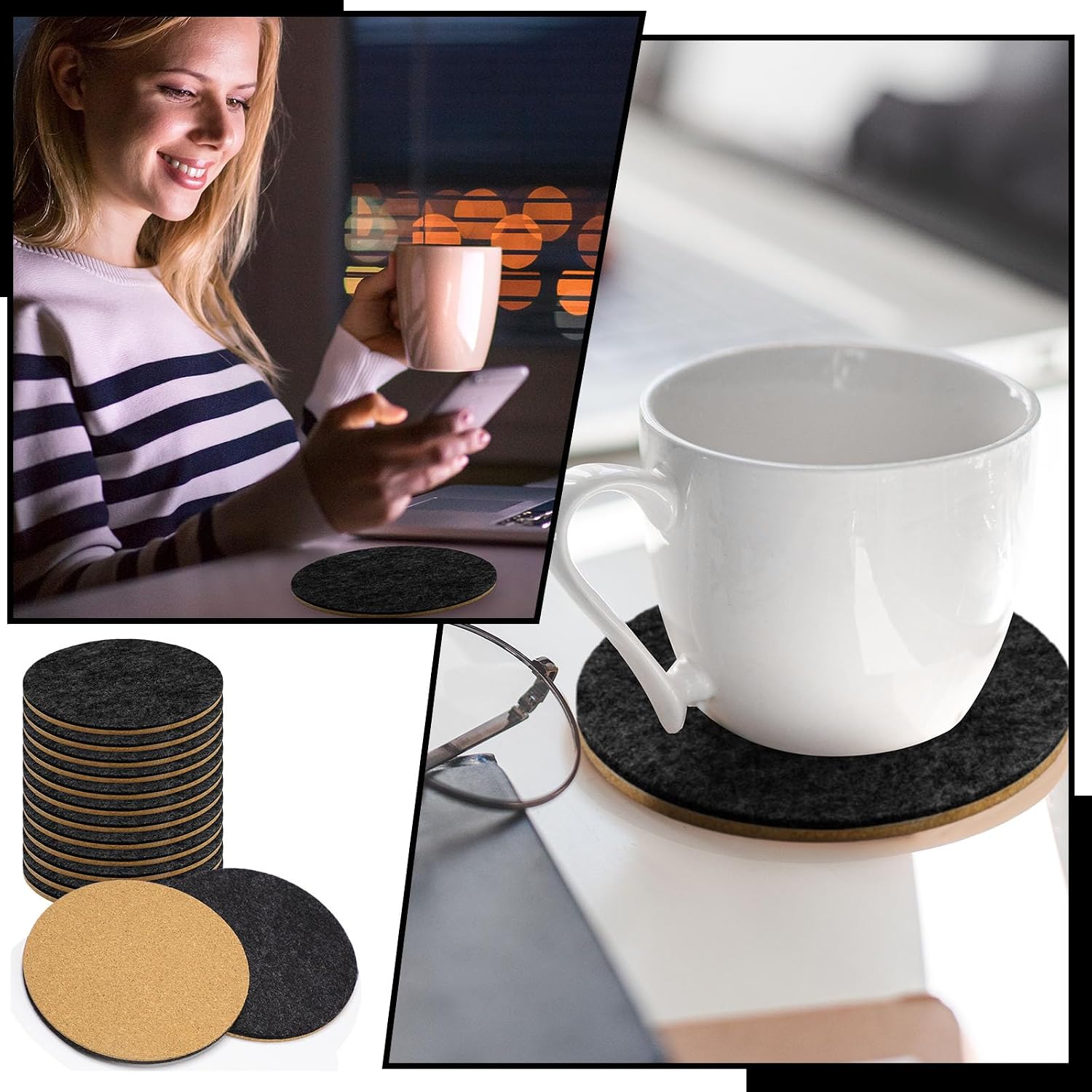 Domensi 12 Pcs Felt and Cork Coaster for Drink Absorbent 4 Inches Cork Coasters with Felt Side Blank Tea or Coffee Coasters Gifts for Cold Drinks Wine Glass Cup Mug Bar Office (Black,Round)