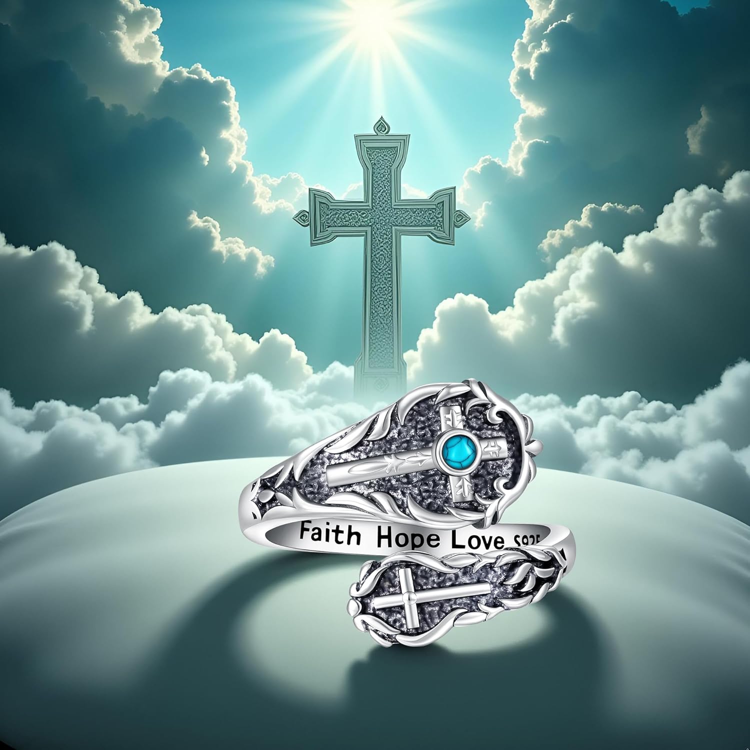 Cross Spoon Ring S925 Sterling Silver Cross Adjustable Vintage Turquoise Ring Faith Hope Love Thumb Ring Cross Jewelry Gifts for Women - Image 4