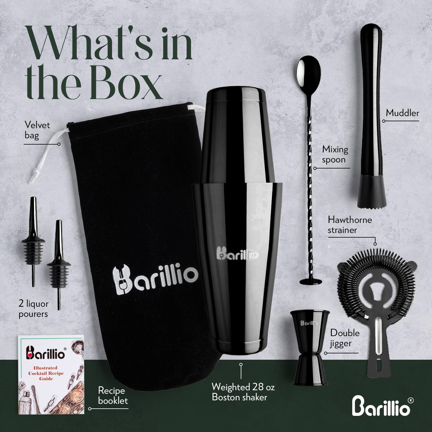 Barillio Black Boston - Juego de coctelera de acero inoxidable con peso para coctelera Martini con colador y mezclador, kit de barman de mixología, juego de bar para el hogar, juego de coctelera de 9