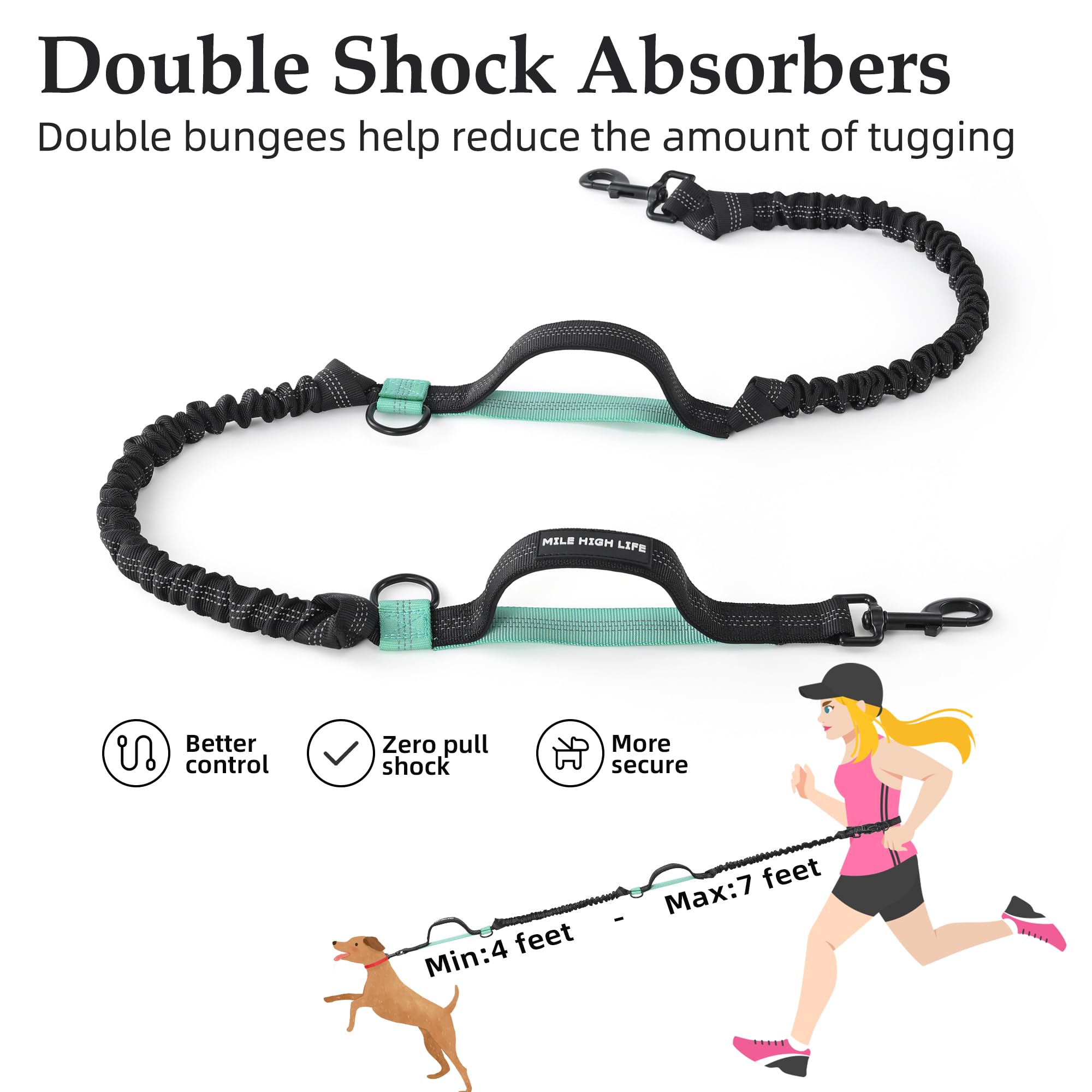 Mile High Life Adjustable Reflective Dog Running Lead with Two Padded Handles and Durable Elastic for Small, Medium and Large Dogs - 3