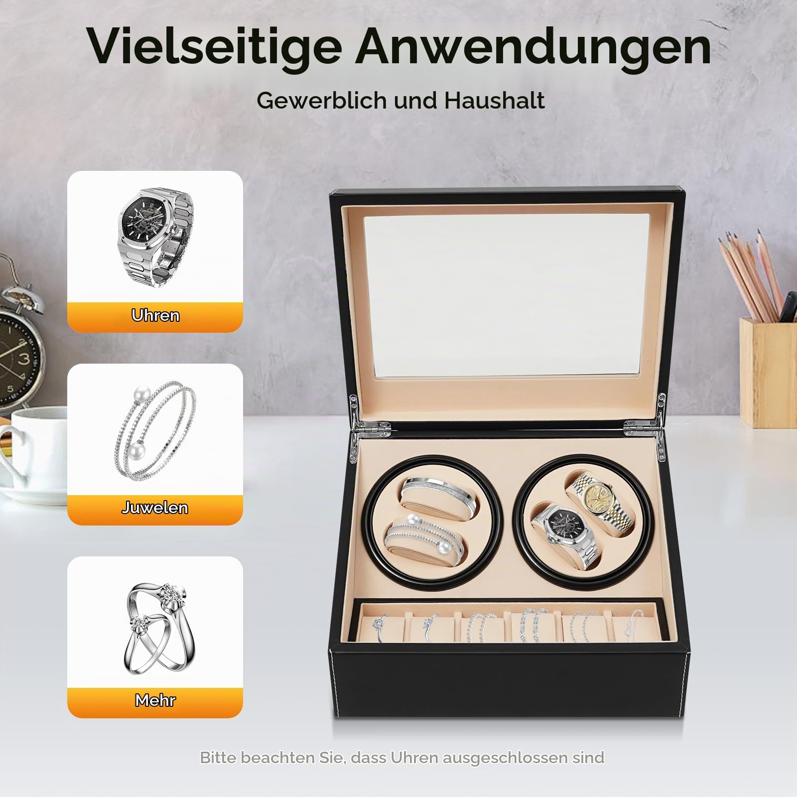 Automatik Uhrenbeweger | Uhrenbox | Uhrenkasten | Automatisch Drehbares | 4+6 Fächer | Watch Box | Transparentes Fenster | Für Automatikuhren & Schmuck