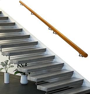 12 FT Long, Stair Handrail Wall Rails 2.0” Diameter Grab Bar Iron Bracket, Wooden Handrail Stair Rail Non Slip for Elderly, Indoor Stairway Railing Straight Wall Bars Interior Stair Hand Railing Silver
