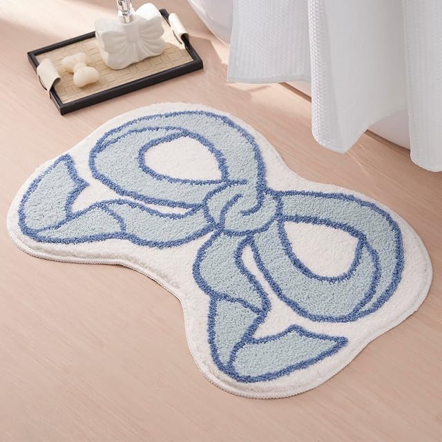 ELDONE Blue Bow Shaped Bathroom Rugs Small Cute Bath Mat Non Slip Microfiber Aesthetic Trendy Funky Fun Preppy