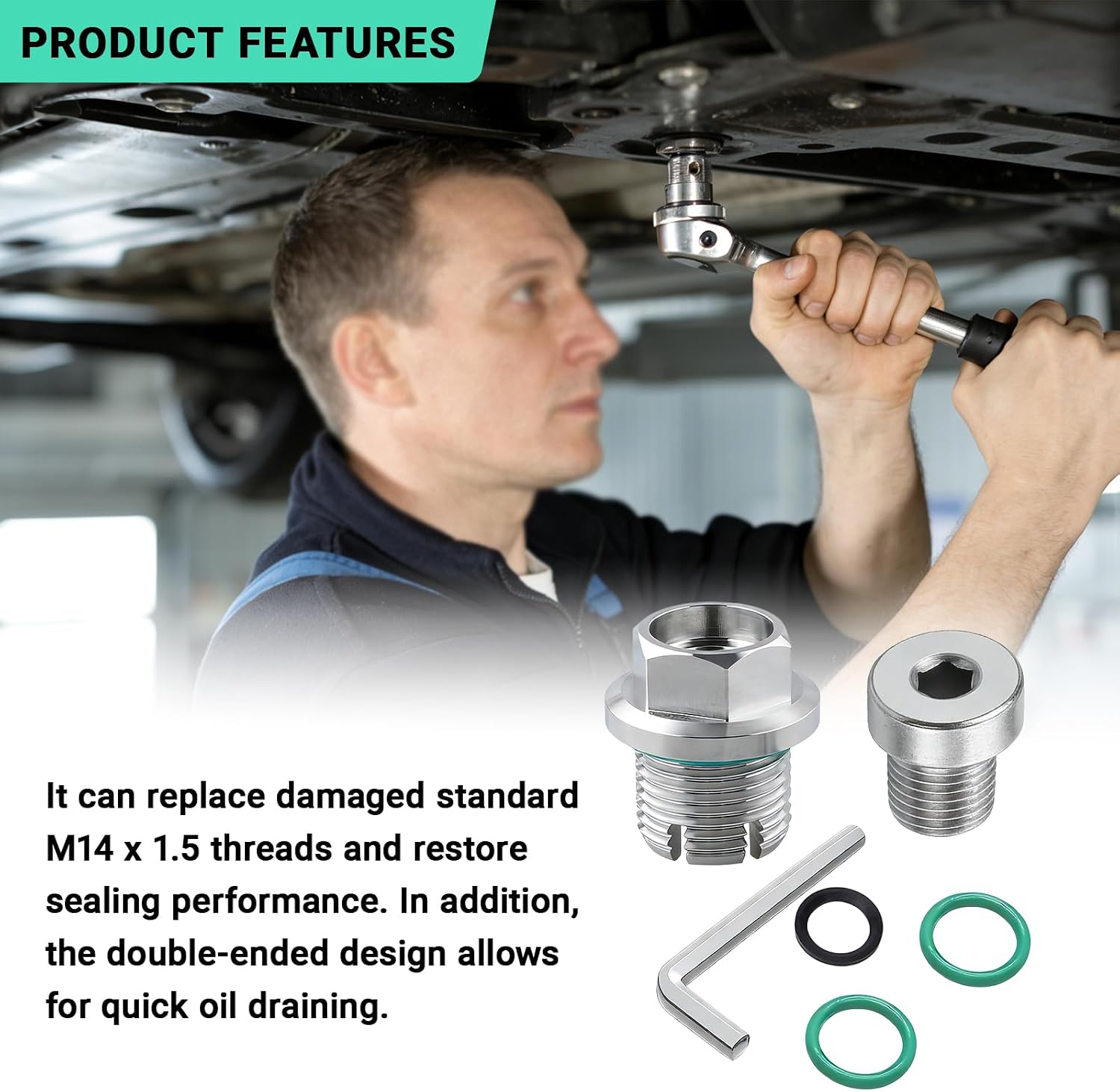 M14.1x1.5 Oversize Piggyback Oil Drain Plug, Stainless Steel Self-Tapping Oil Pan Thread Repair Kit with O-Ring and L-Wrench, Suitable for Most Vehicles