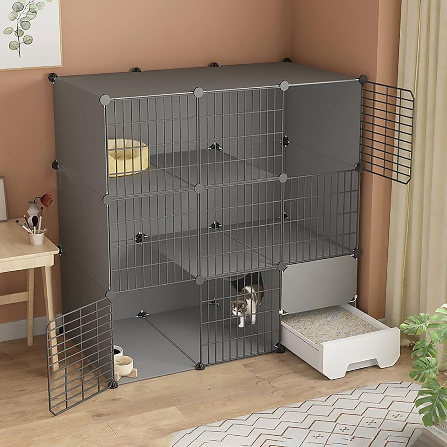 Cat Cage with Cat Litter Box,Cat Cages Indoor 2/3 Tier Cat Crate Pet Cages for Cats,Exercise Place Ideal for 1-3 Cat,A Great Helper for Pet Management and Activities,111x49x73cm