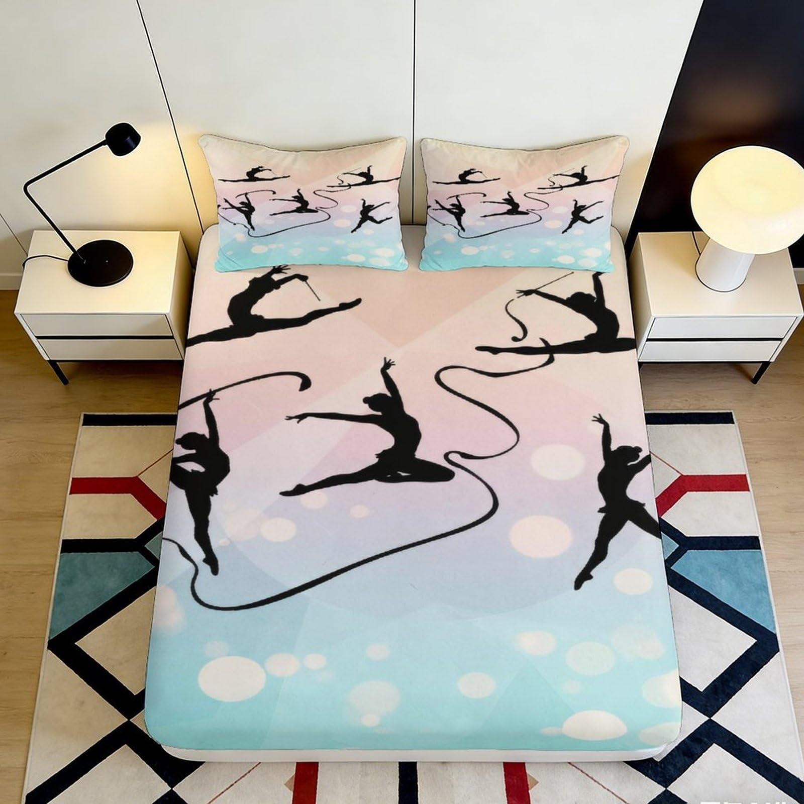3D Printed Rhythmic Gymnastics Silhouette Fitted Sheet Microfiber Pink Blue Bed Cover Non-slip Bedroom Dorm Decor 90x200x25cm