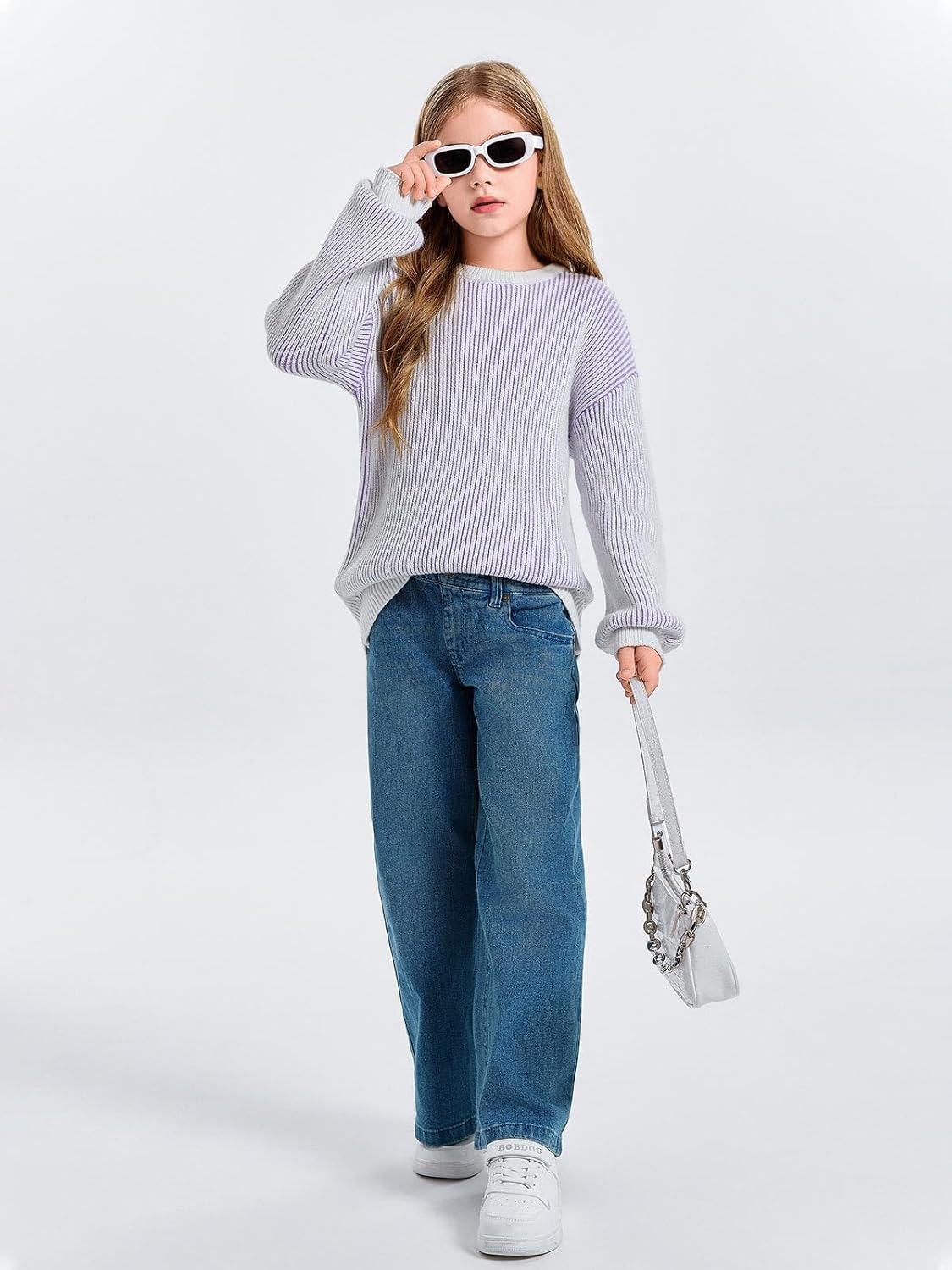 Haloumoning Girls Striped Pullover Sweaters Chenille Crew Neck Cable Knit Tops 5-14 Years - Image 3