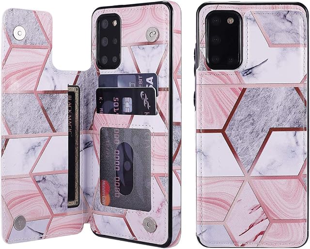 UEEBAI Case for Samsung Galaxy S20 Plus, Premium PU Leather Case Geometric Marble Pattern Back Wallet Cover [Two Magnetic Clasp] [Card Slots] Stand Function Durable Soft TPU Case - Grey & Pink
