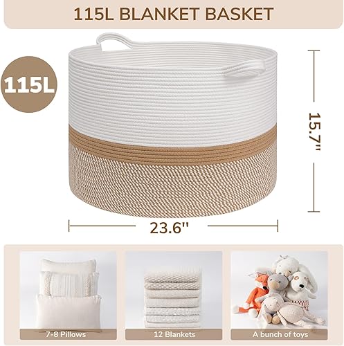 Vista 213 de INDRESSME - Canasta extragrande para ropa sucia de cuerda de algodón, cesta tejida decorativa con asas para guardería y sala, contenedor para Gris