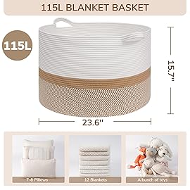 INDRESSME 115L Extra Large Cotton Rope Basket, Woven Baby laundry Blanket Basket for Home Decor Living Room Nursery, Toy Storage Baskets for Kids Boys Girls, White & Camel Mix