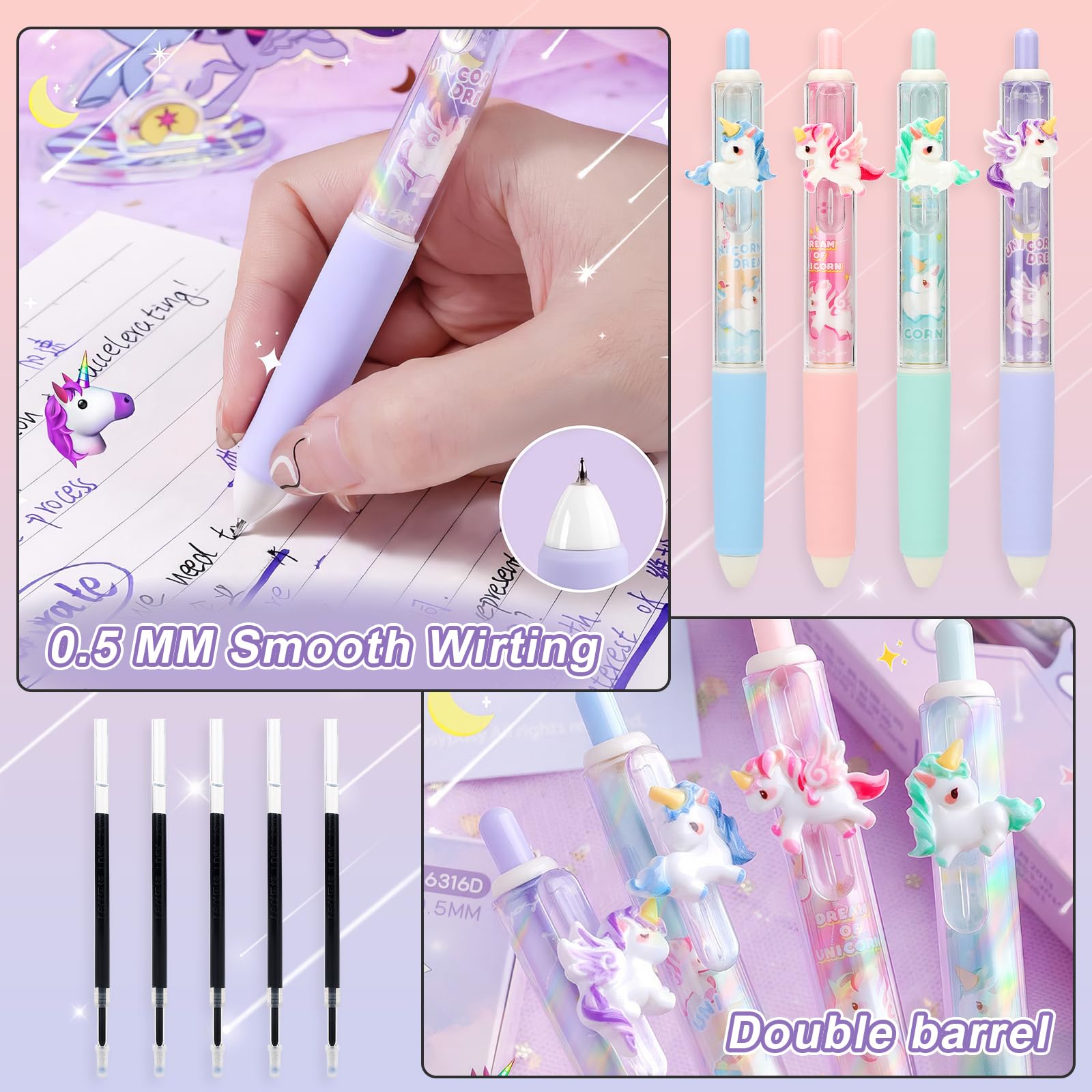 SKAMORI 20+ Piezas t Set Papelería Unicornio Niñas con Estuche Escolar, 4 Resaltadores Pastel| 4 Boligrafos Gel | 4 Portaminas 0.5, Unicornio Regalo para Niñas 4 5 6 7 8 9 Años, Violeta