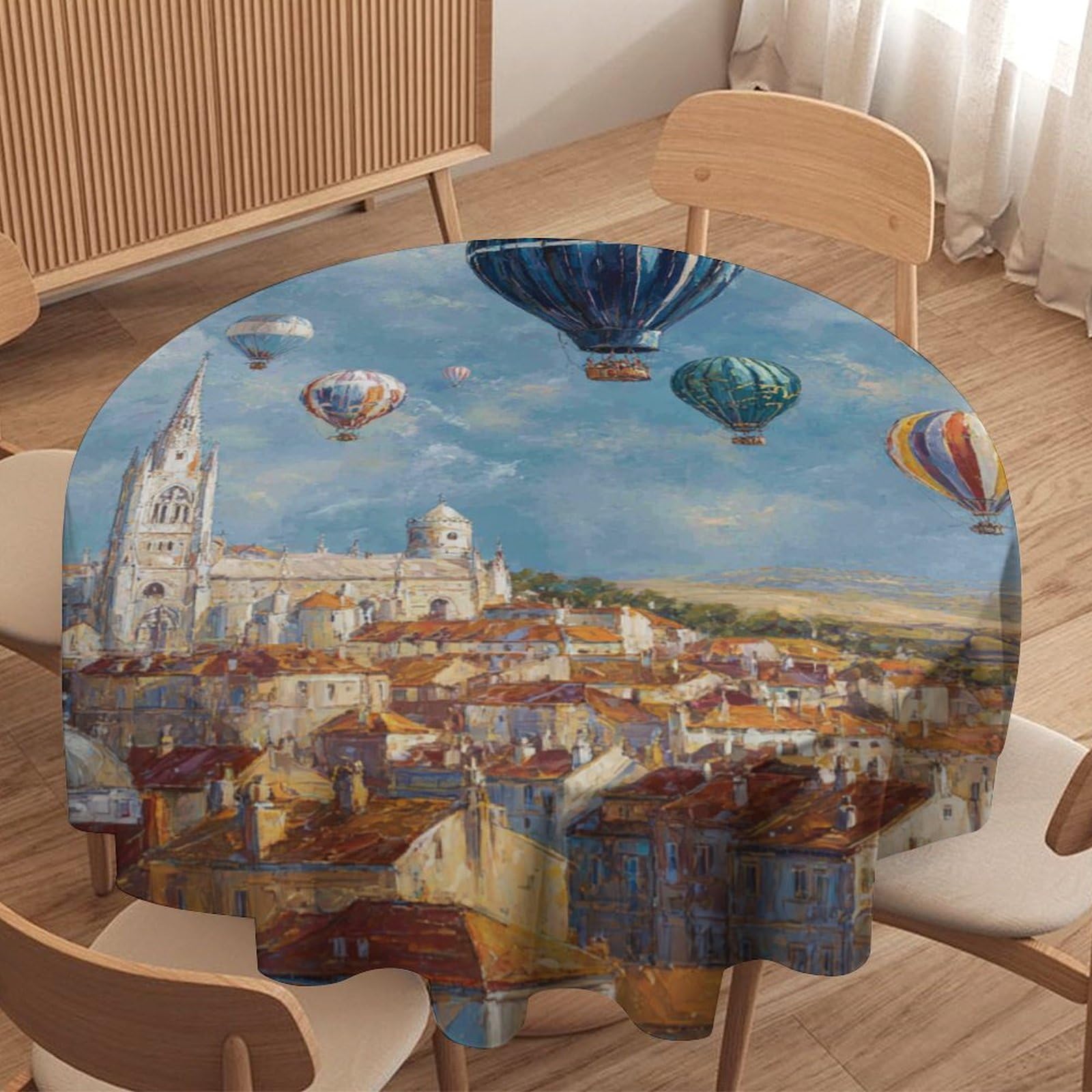 LUYYSKY Classic Realistic Hot Air Balloon Round Tablecloth Mid Century Watercolor Italian Town Print Washable Decor for Table Cover for Kitchen-91.4" Wx91.4 L cm