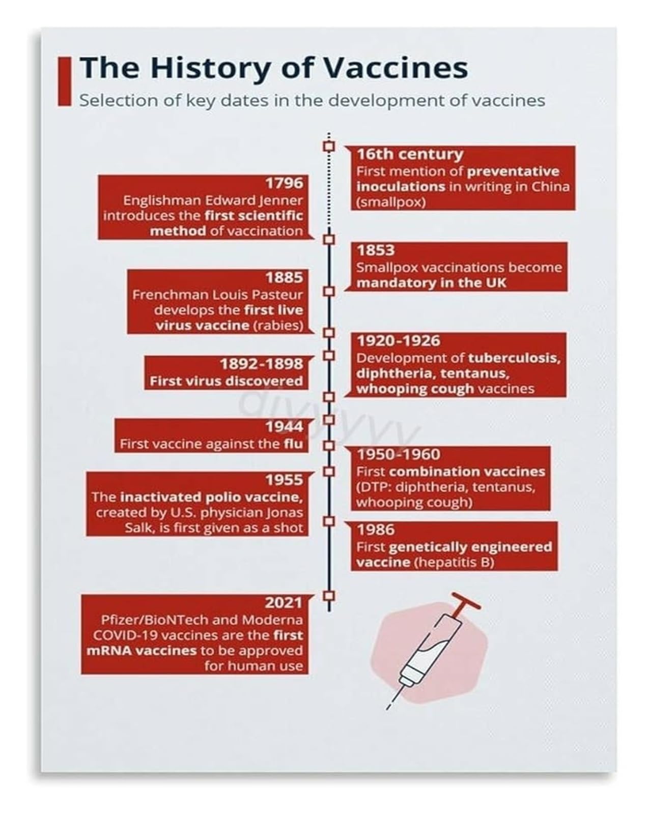 SMGLRUEAT Biology and Medicine Poster Historical Advances in Vaccine Development Science Educational Wall-Art Decor(Framed,16x24inch(40x60cm))