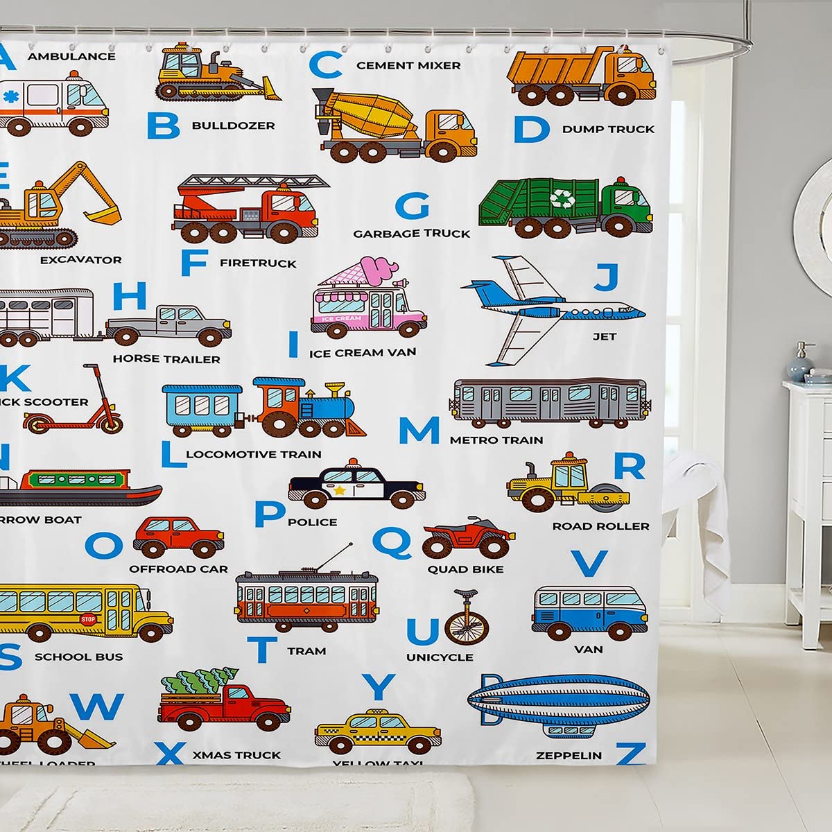 Tenda Da Doccia Per Bambini Con Gru E Camion, 183x183 Cm, In Poliestere Impermeabile, Con 12 Ganci, Lavabile, Decorazione Bagno A Tema Macchinari