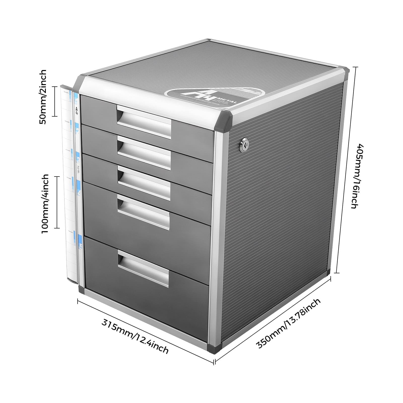Organizzatore da scrivania con telaio in lega di alluminio a 5 cassetti, scatola di immagazzinaggio cartelle bloccabili, ideale per riporre forniture per ufficio