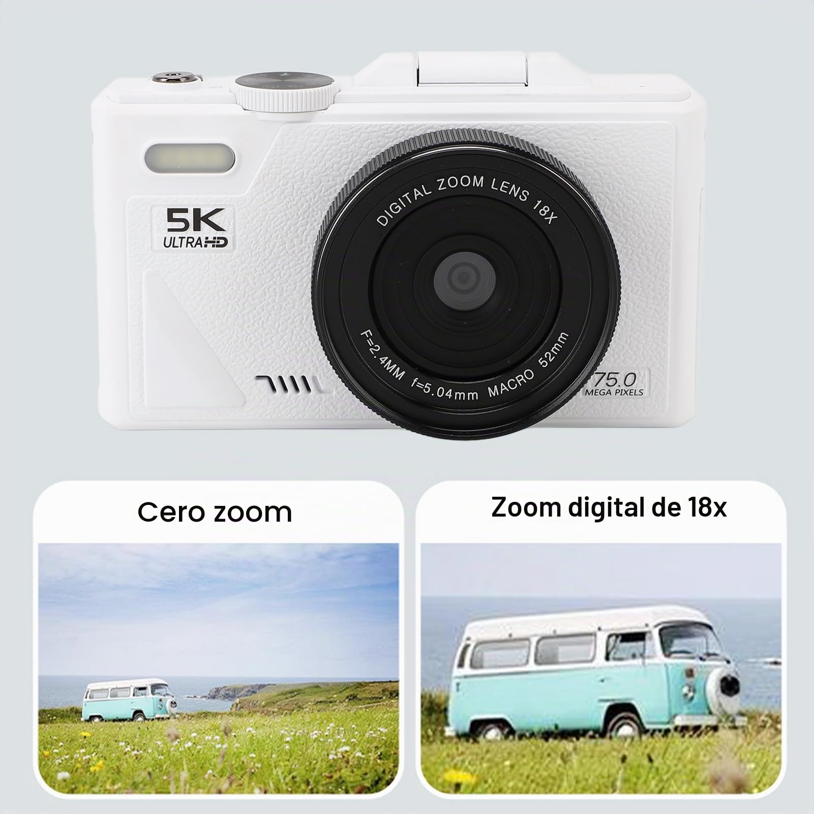 5K Cámara Digital para Fotografía, 75MP HD Vlogging Cámara con 3" 180° Flip Pantalla, 18X Zoom Digital, Auto Focus, Anti-Shake, Filtro, Viajes Videocámara para Principiantes (Black) (White)