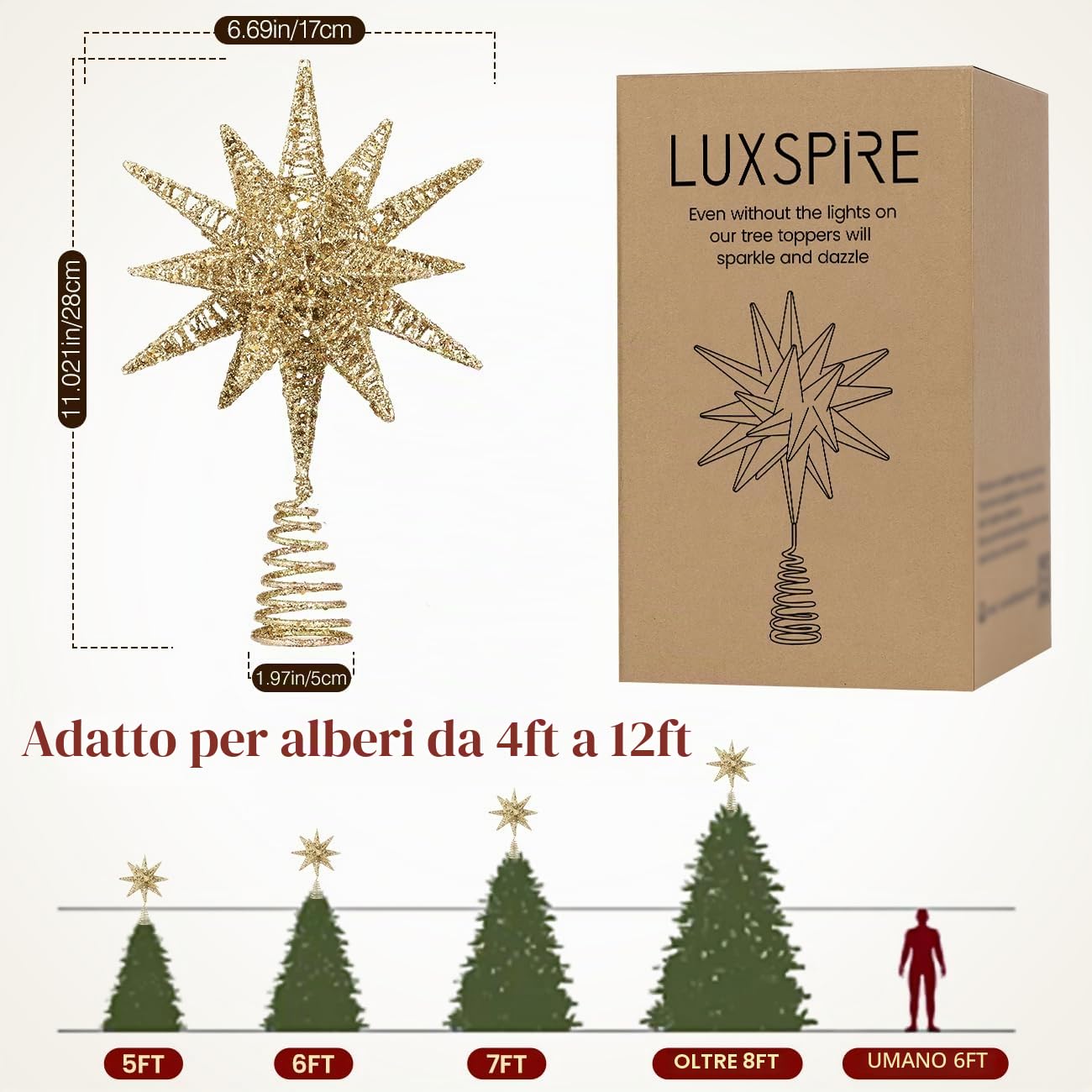 Luxspire Puntale Albero Natale LED, Decorazioni Natalizie Luci di Albero, a Forma di Albero con Glitter, Luci LED Albero di Natale, a 2 AA Batterie, Decorazione per Natale Festa Casa, Champagne Oro