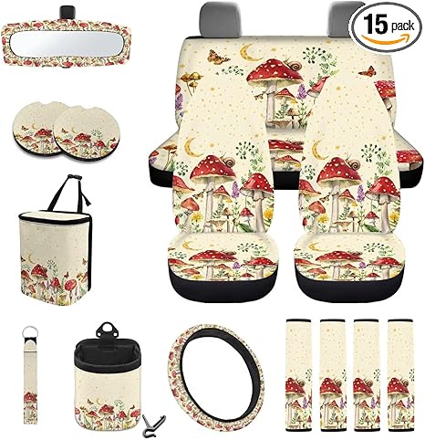 Mushroom Snail Moon Stars 15Pcs Car Seat Cover Full Set Car Steering Wheel Cover Seat Belt Cover Trash Bin Air Vent Storage Box Front Rear View Mirror Car Cup Holder Keychain