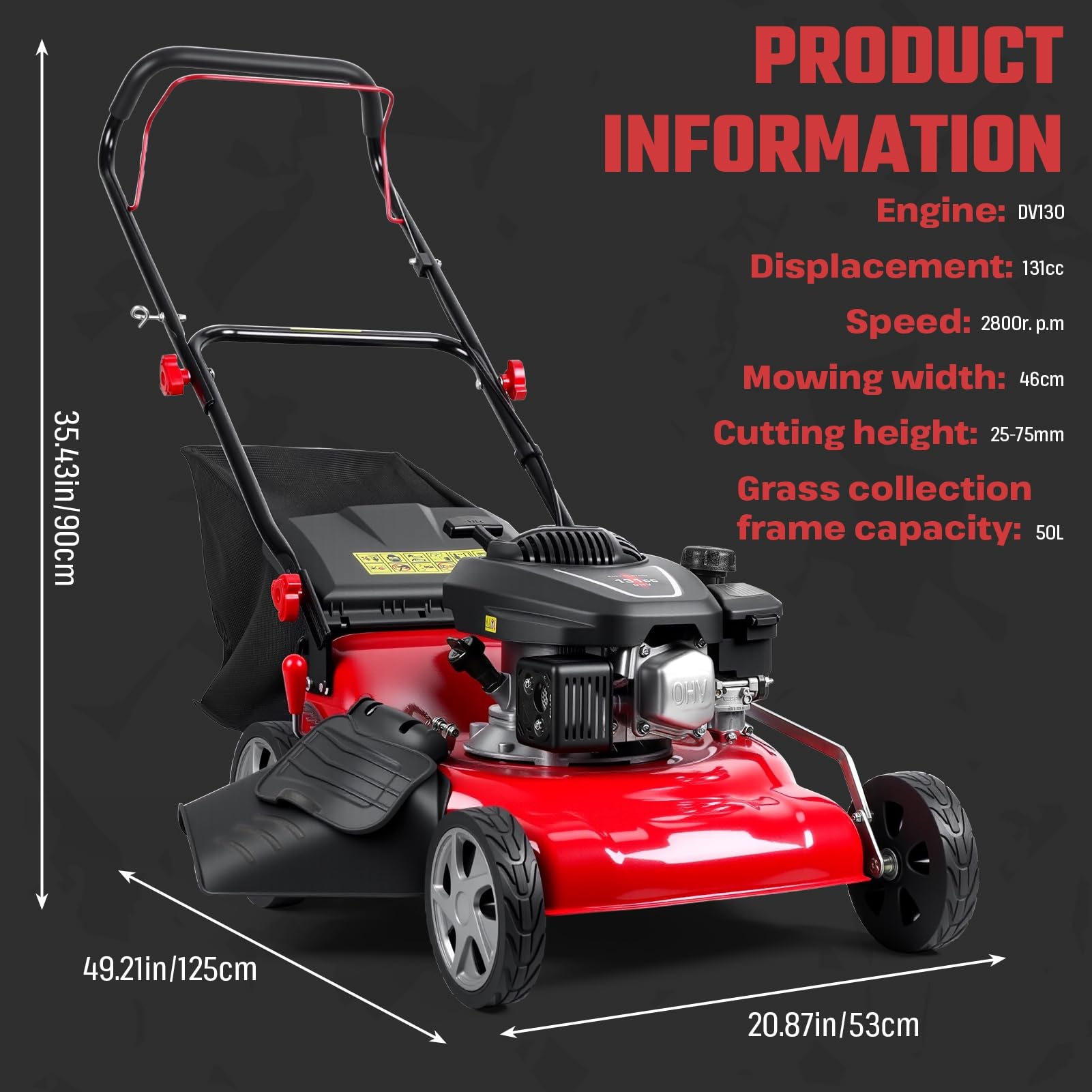 Cortacésped de gas autopropulsado plegable con motor de 4 tiempos de 131 cc, 3 en 1 (bolsa/mantillo/descarga trasera), 8 alturas de corte, cubierta de acero duradero, sistema de refrigeración