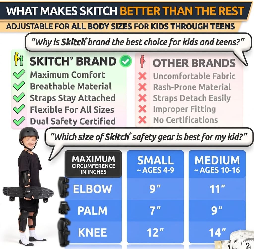 Skateboard Protective Safety Gear Set for Kids and Teens | Premium Lycra Sport Knee Pads + Elbow Pads + Wrist Guards + Carry Bag Scooter Roller Skate Inline Skating Rollerblading