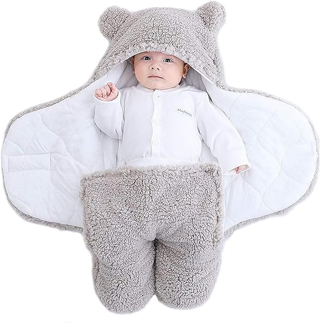 TURMIN Baby Hooded Swaddle, Infant Wrap Blanket Bag Newborn Receiving Blanket Unisex Boys Girls Fleece Sleeping Bag Plush Wrap Cute Bear Swaddle Baby Clothes-Grey-S(0-3 Months)