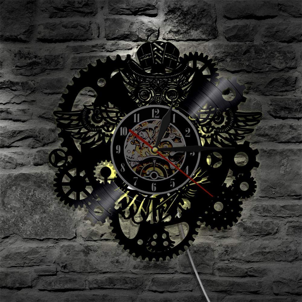 Wall Clock ساعة لحائط Steampunk Owl Wall Art Wall Clock Vintage Vinyl Record Clock Home Decor Gear Cog Night Owl Steampunk Personalized Wall Watch