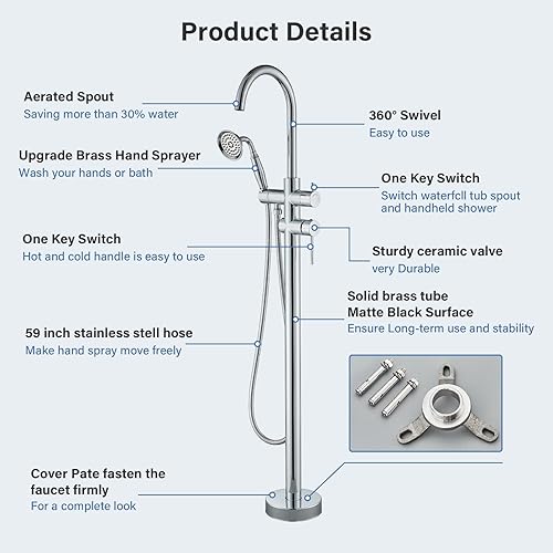 Miniatura 6 de Grifo de bañera de montaje en el suelo, relleno de bañera independiente, acabado cromado, grifo de ducha giratorio de alto flujo con grifos