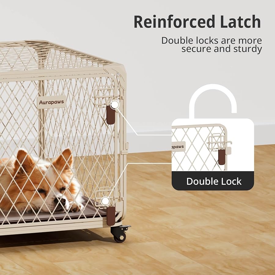 Aurapaws 30 Inch Dog Crate with Lockable Wheel, Diamond Mesh Metal Dog Kennel Cage with Double Secure Latch & Leak-Proof Tray, Escape-Proof Dog Crates for Small Dogs Breeds, Dogs up to 70 lbs - image 4