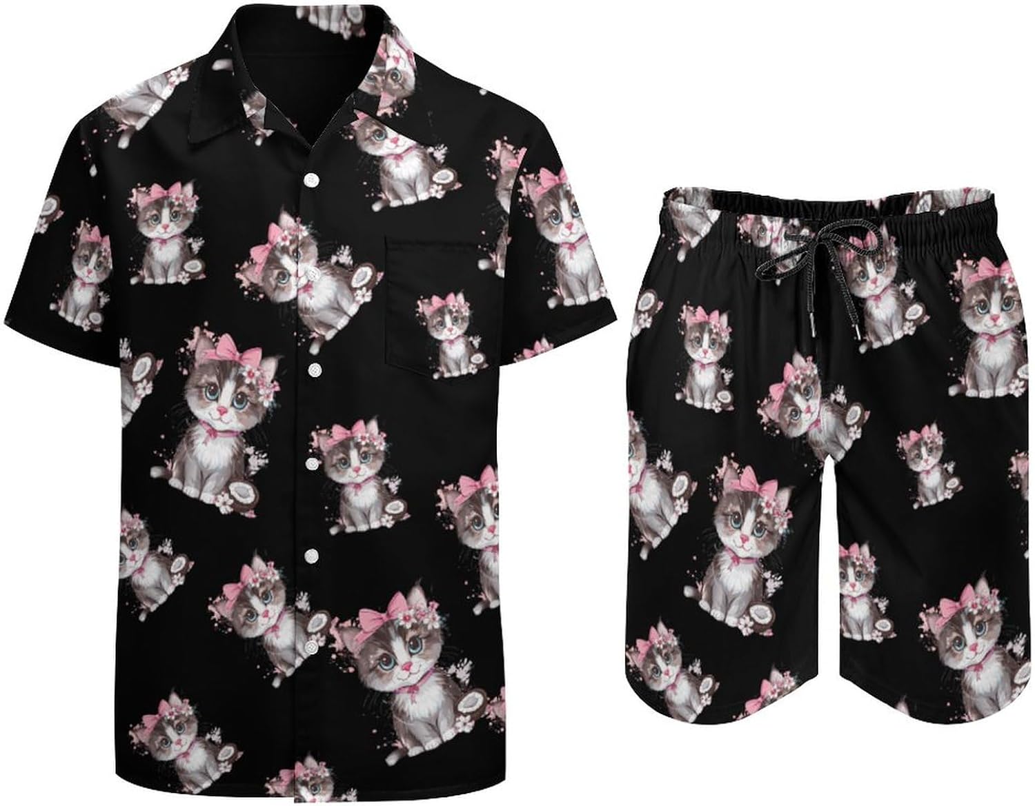 Coconuts Cat Men's Summer Beach Outfits Shirt And Shorts Set 2 Piece Vacation Swimwear