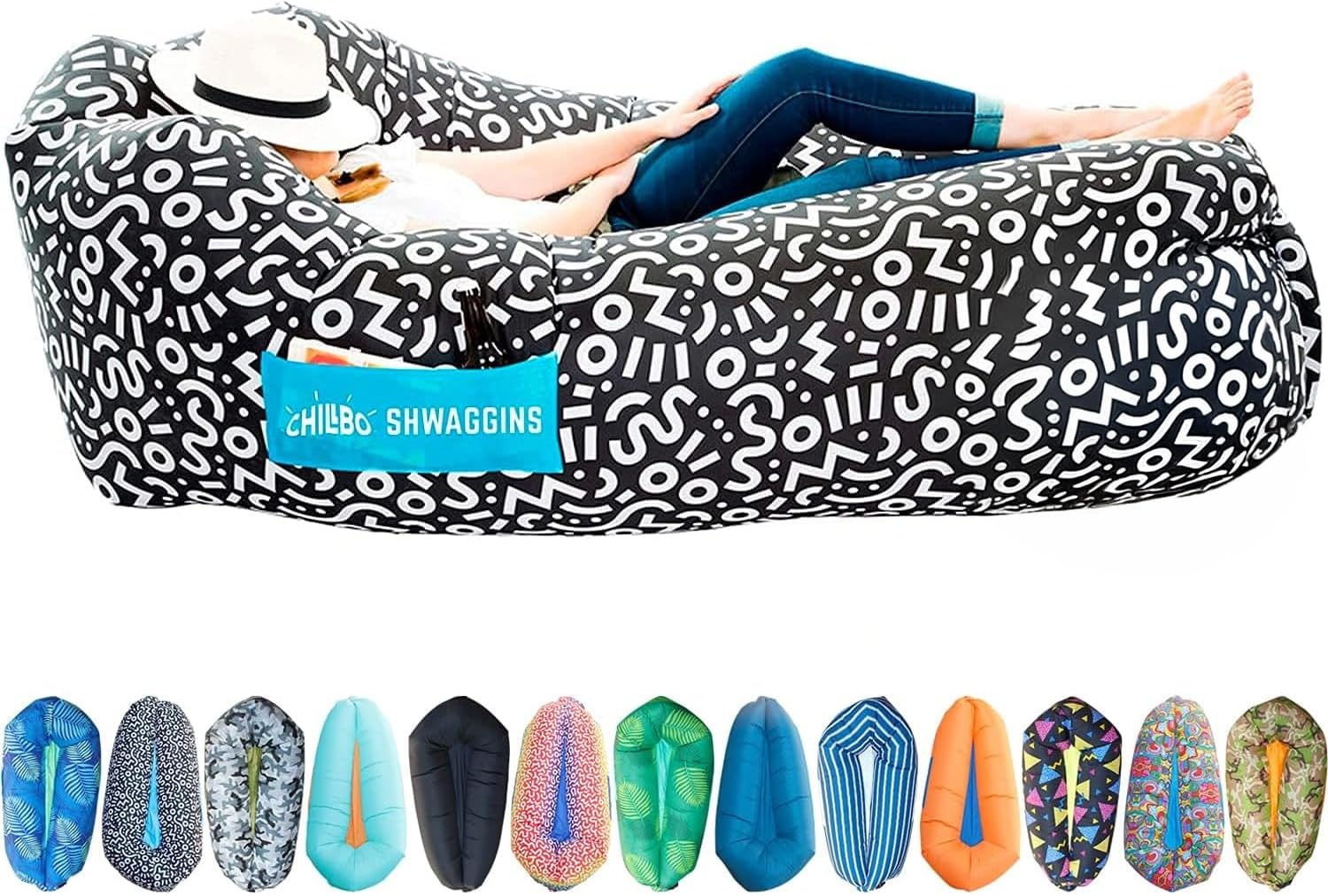 Chillbo Inflatable Couch – Unique Designs - No-Pump Setup, Ripstop Polyester, Stability Pegs, Fun Prints - Portable Air Inflatable Lounger for Beach, Camping, Festivals, and Tailgating